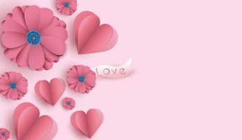 Valentine's Day background with paper cut flowers and hearts vector