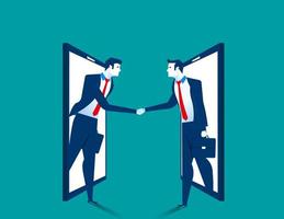 Two Business man handshake out of smartphone vector