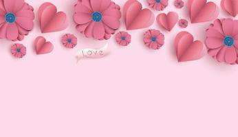 Valentine's Day background with paper cut flowers and hearts. vector