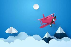 Arte en papel de avión volando a través de la nube en la noche vector