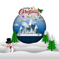 Merry Christmas on Snow and mountain. paper art and digital craft style vector