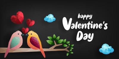 Birds and hearts on branch made from polygonal shapes