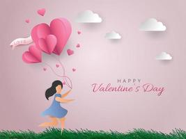 Feliz tarjeta del día de san valentín. Mujer corriendo con globos de corazón. vector