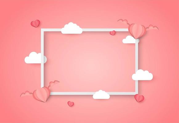 Valentines day frame with blank space and winged hearts and clouds