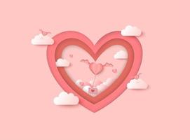 Valentines paper cut background with clouds and flying heart over heart shape vector