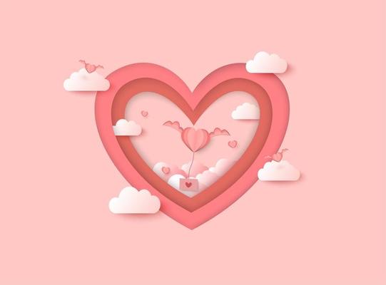 Valentines paper cut background with clouds and flying heart over heart shape