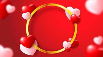 Red romantic background with Hearts and Circular Golden Frame vector