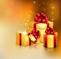 Various golden open gift boxes with red bow and ribbon vector