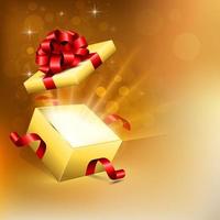 Opened square gift box with bright rays of light vector