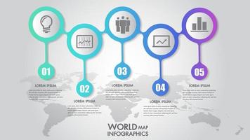 Mapa del mundo infografía de negocios 5 opciones de paso ilustración vectorial vector