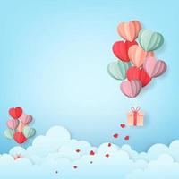Paper Cut Style Valentine's Heart Balloons on Blue Background.