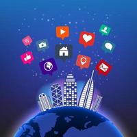 Resumen tecnología global digital en el cielo nocturno con iconos de redes sociales
