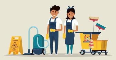 Cleaners with cleaning products housekeeping service vector