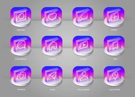 Social media transparent with colorful gradient 3D icons set vector