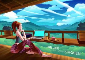 Woman working in a cafe on cliff among mountain scenery vector