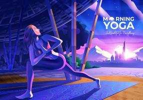 Woman doing yoga inside the Yoga pavilion with morning city view vector