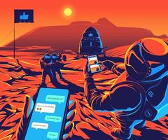 Astronauts landed on mars playing social network and take a selfie vector