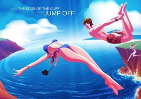 Couple jumping off cliff to the ocean on a beautiful day vector