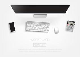 Top view desk with computer, keyboard, smartphone and calculator vector