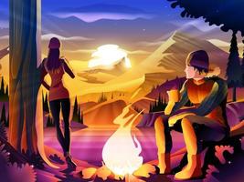 Couple Camping on Lake Surrounded by Mountains vector