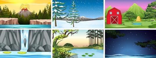 Set of scenes in nature with volcano and snow vector