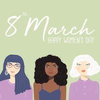 Cartel del Día Internacional de la Mujer con retratos de tres mujeres diversas