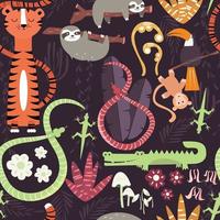 Patrón sin fisuras con lindos animales de la selva tropical, tigre, serpiente, pereza vector