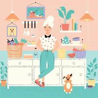 A woman in her kitchen with food and dog vector