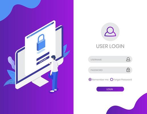 login page with monitor and character isometric design