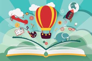 Imagination concept - open book with air balloon, rocket and airplane flying out vector