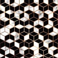 Vector marble texture, seamless pattern design with golden geometric lines and cubes
