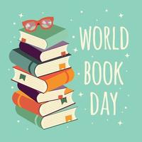 Día mundial del libro, pila de libros con gafas sobre fondo de menta vector