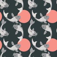 Seamless pattern with carp koi fish and suns on dark gray vector