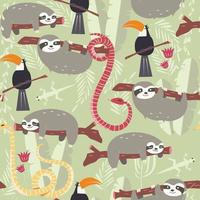 Seamless pattern with rain forest animals, toucan, snake, sloth vector