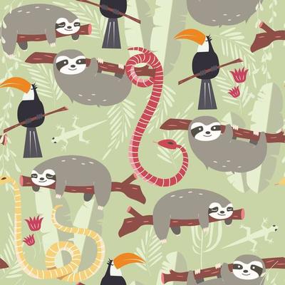 Seamless pattern with rain forest animals, toucan, snake, sloth