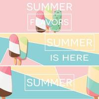 Three summer poster designs with ice cream and geometric elements vector