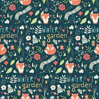 Seamless pattern with flowers, foxes, scarf, hat and mittens vector