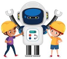 Boys playing with robot