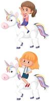 Set of girl riding unicorn vector