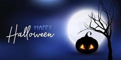 Halloween banner with spooky pumpkin against moonlit sky vector