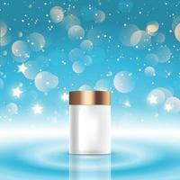 Christmas background with a blank cosmetic bottle on a bokeh lights design vector