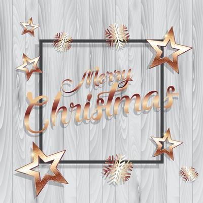 Christmas background with gold stars and frame on wooden texture