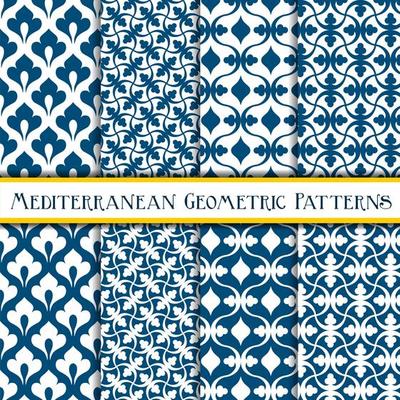 Elegant collection of blue geometric mediterranean patterns