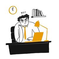 Young man thinking and looking a laptop at office vector