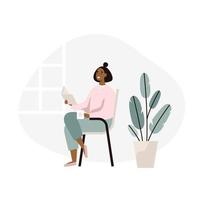 Woman Sitting And Reading Book at Home vector