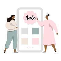 Two Woman Showing Smartphone Screen With Sale Label vector