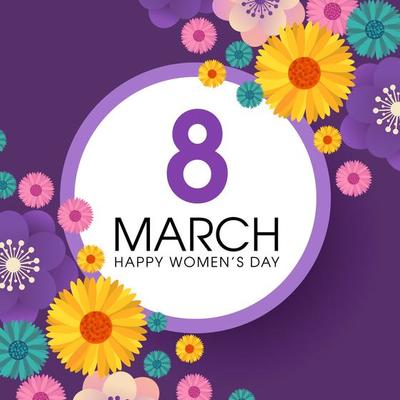 Women's Day Purple Card with Flowers and Circle Frame