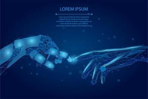 Low poly wireframe human and robot hands touching with fingers vector