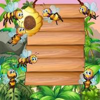 Cartel de madera con abeja volando en el jardín vector