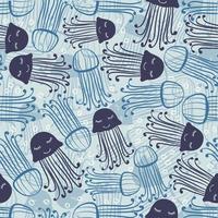 seamless blue hand draw jelly fish with polka dot pattern background vector